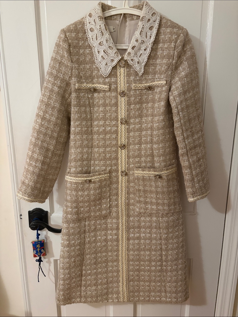 Women's Cream Tweed Long Coat with Lace Collar